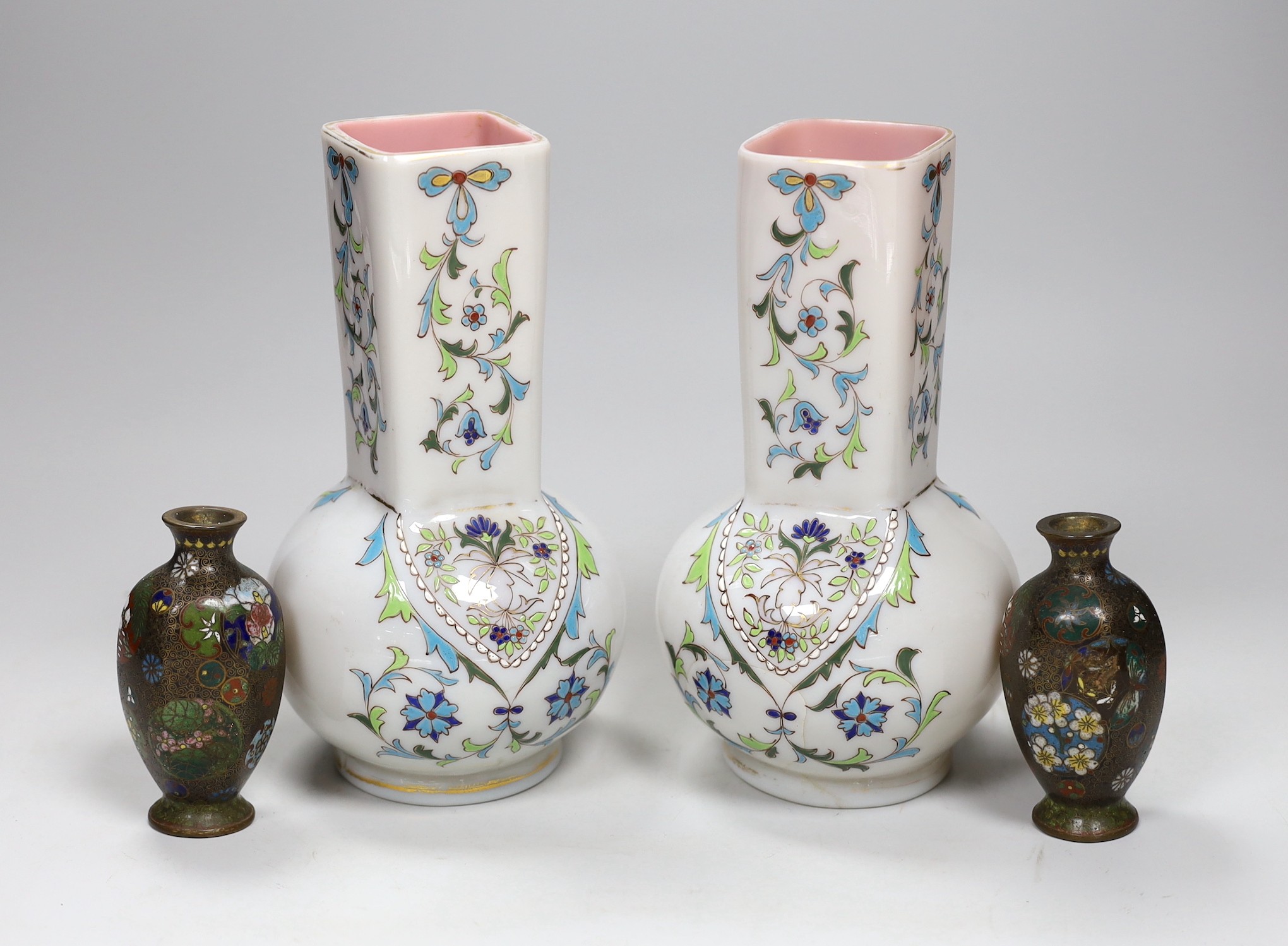 A small pair of Japanese cloisonne vases and a pair of French enamelled glass vases
